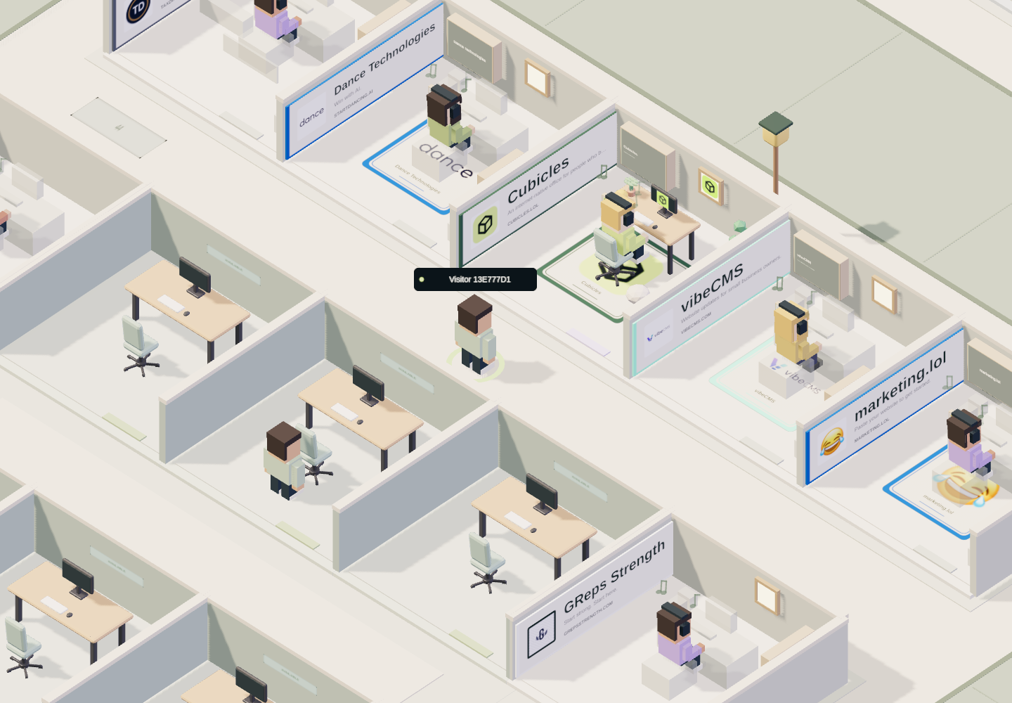 The Cubicles shared office world, with player avatars, personalized desks, and project signs.